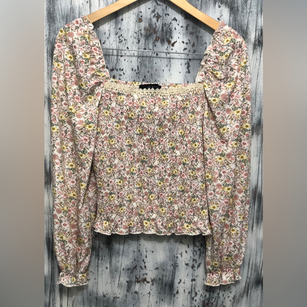 Ava Rose Summer Floral Boho Top ~ Puff Long Sleeve ~ Ruched Bodice ~ NWT!